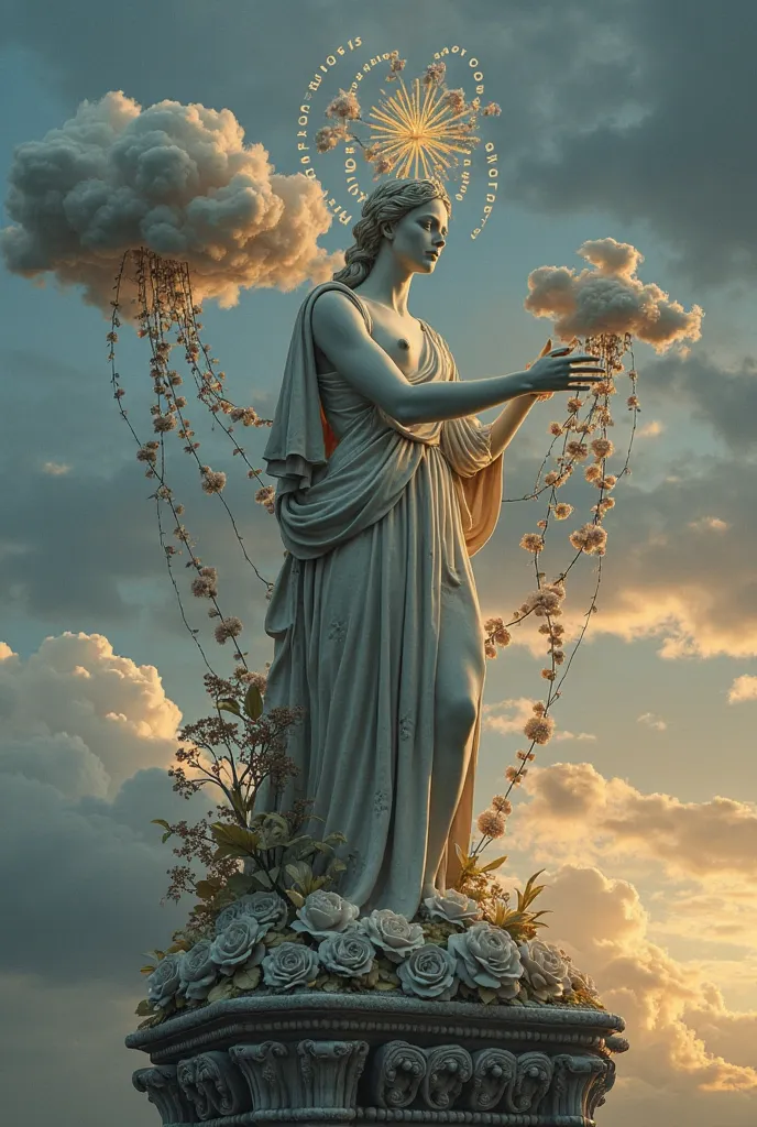 A surrealist depiction of Calliope as an ancient statue, with delicate and ethereal features. She is surrounded by floating clouds of poetry, where words and verses intertwine like vines. The backdrop is a twilight sky, with deep blue and gold hues, reflec...