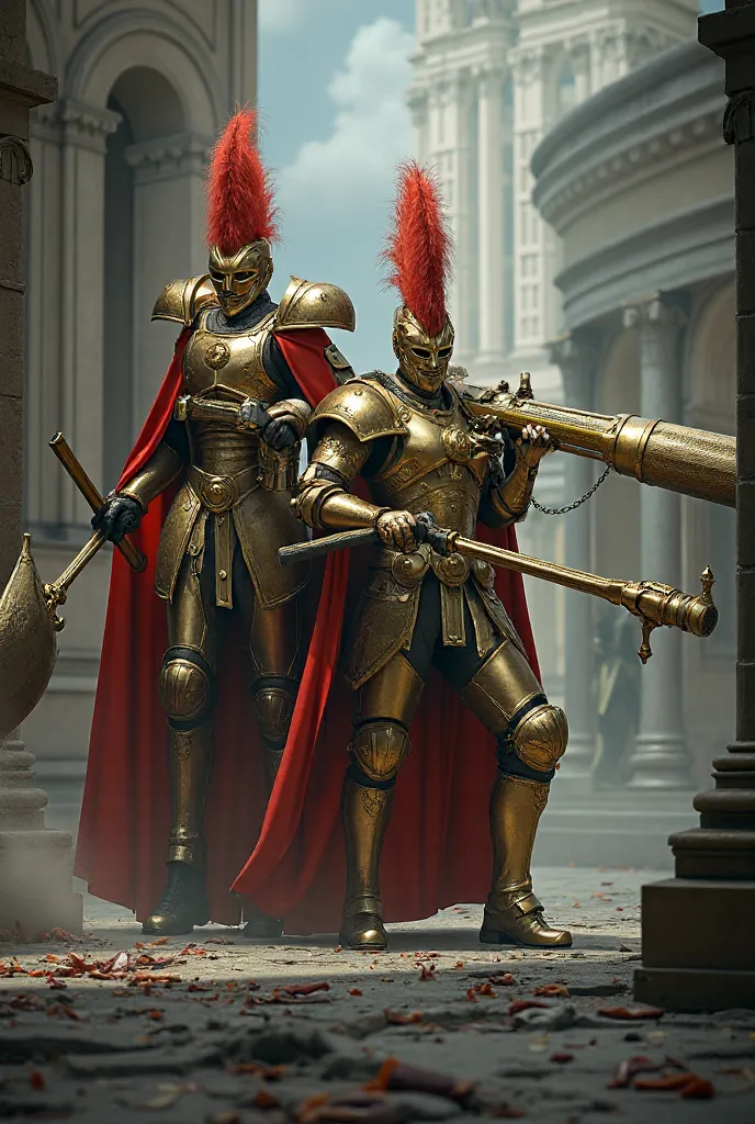 Futuristic baroque paladins in luxurious gold armor with red feathers (helmets or a plume) wearing, holding huge two-handed halberds and cannons (, a mixture of firearms and knives), an epic fantasy scene with the grandiose ruins of the cathedral in the ba...