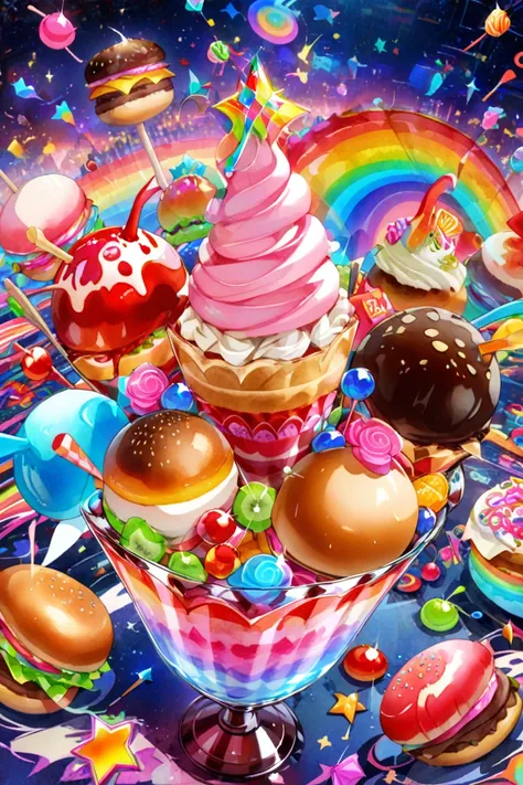 * Basics:
   * Japanese woman in her 20s with short black shaggy hair
   * Jewel Fruit Parfait, colorful, exhaustive, Dessert
   * Flying Hamburgers, huge, Fantasy, Night Sky
   * Kaleidoscopic Candy, Abstract, Gloss, Macro
 * Add element :
   * Jewel Frui...