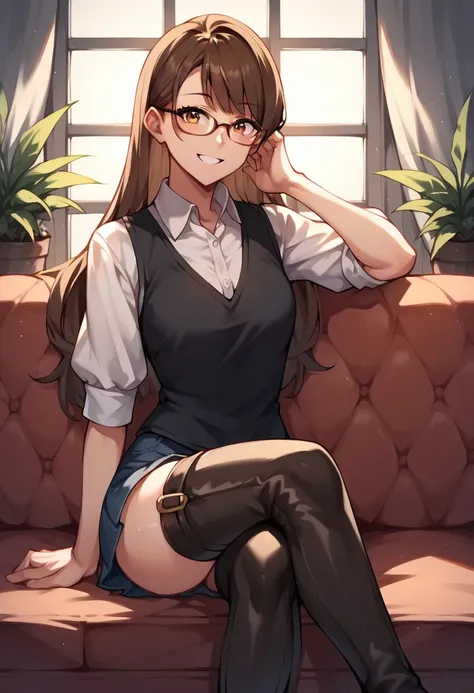 score_9, score_8_up, score_7_up, score_6_up, score_5_up, score_4_up, source_anime, 1girl,lora:amber1-000008:1>, amber5star, upper body, smile, age, brown hair, long hair, brown eyes, glasses, black vest, white shirt, thigh high boots, crossed legs, looking...