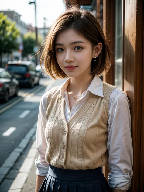 Top quality, ultra high resolution, realistic, Beautiful Woman, Beautiful detail eyes and skin, smile, Light brown short-cut hair. She is wearing (small earring, tiny necklace, school uniform:1.3, collared white shirt, red vest, royal blue frilled skirt), ...