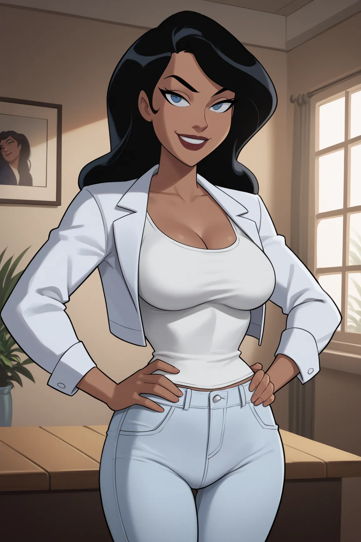 PonyXLV6_Scores BREAK ((parody) perfect anatomy, perfect eyes, cowboy shot), BREAK zatanna zatara, long hair, black hair, dark-skinned female, blue eyes, lipstick, flirting, raised eyebrow, ((looking at viewer)), long hair, black racerback tank top, white ...