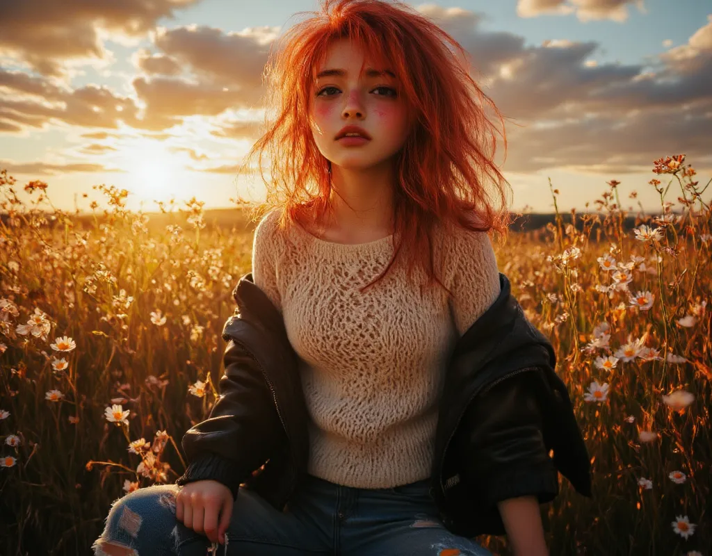 (Sunset golden clouds and sky) 1. Cute adorable and alluring young  ginger, age 13, Solo, with a bright red hair, Freckles scattered across her cheeks, Blue-green sparkling eyes, Wearing a fitted sweater that accentuates her  frame, Skinny jeans tucked int...