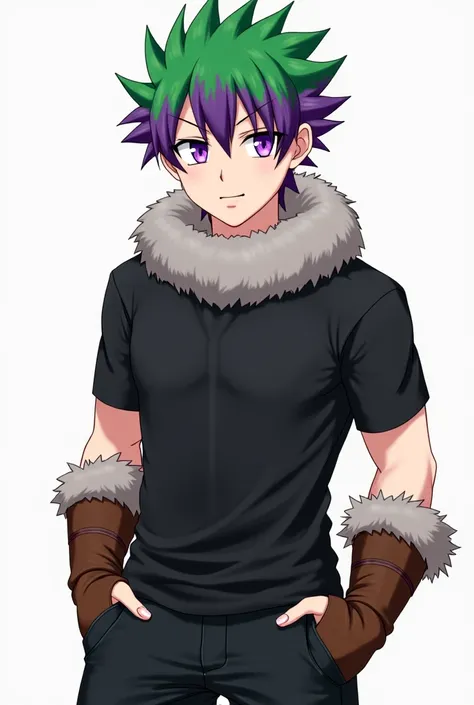  Anime boy,  Green hair with purple tips, short hair on the sides and longer on the top, violet eyes ,  muscular ,  black pants ,  black shirt,without gloves, furry leather winter clothes