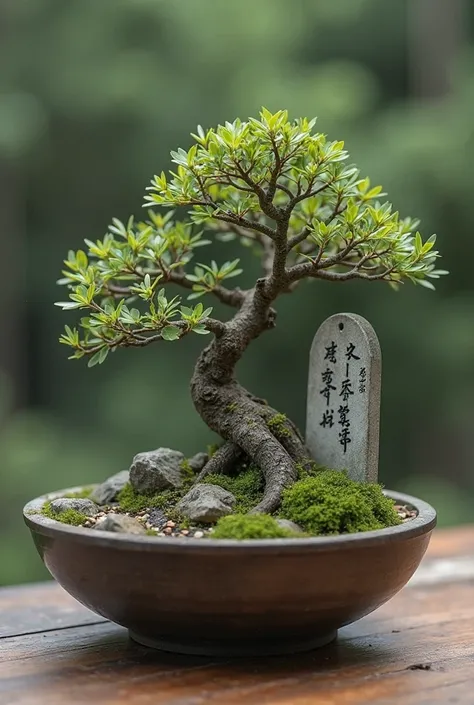 A bonzai tree with a little gravestone underneath in a bowl suitable for a gift