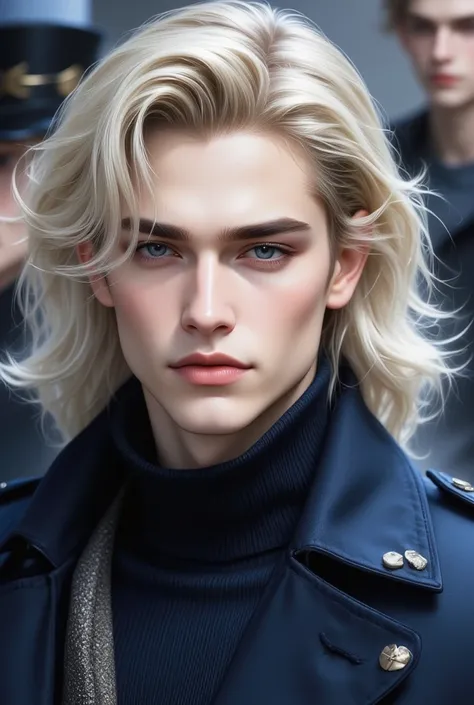 Boy, long blonde hair, dark blue eyes, serious sharp features, light white skin, shiny pink lips, handsome, perfect, elegant, like a model, wearing formal winter clothes, high quality resolution, clear bright colors.