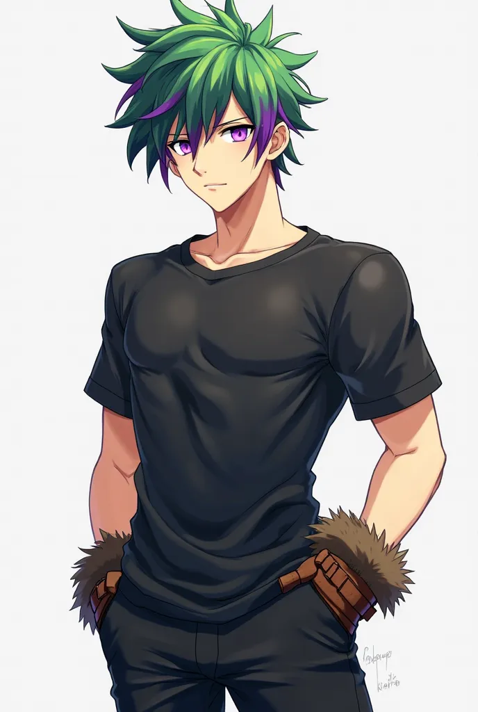  Anime boy,  Green hair with purple tips, short hair on the sides and longer on the top, violet eyes ,  muscular ,  black pants ,  black shirt,without gloves, furry leather winter clothes