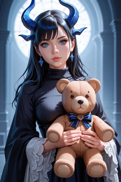 A black-haired woman with blue horns in a black turtleneck holds a teddy bear in her hands