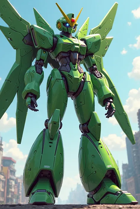 A green female robot in the style of Mazinger Z with robot wings 