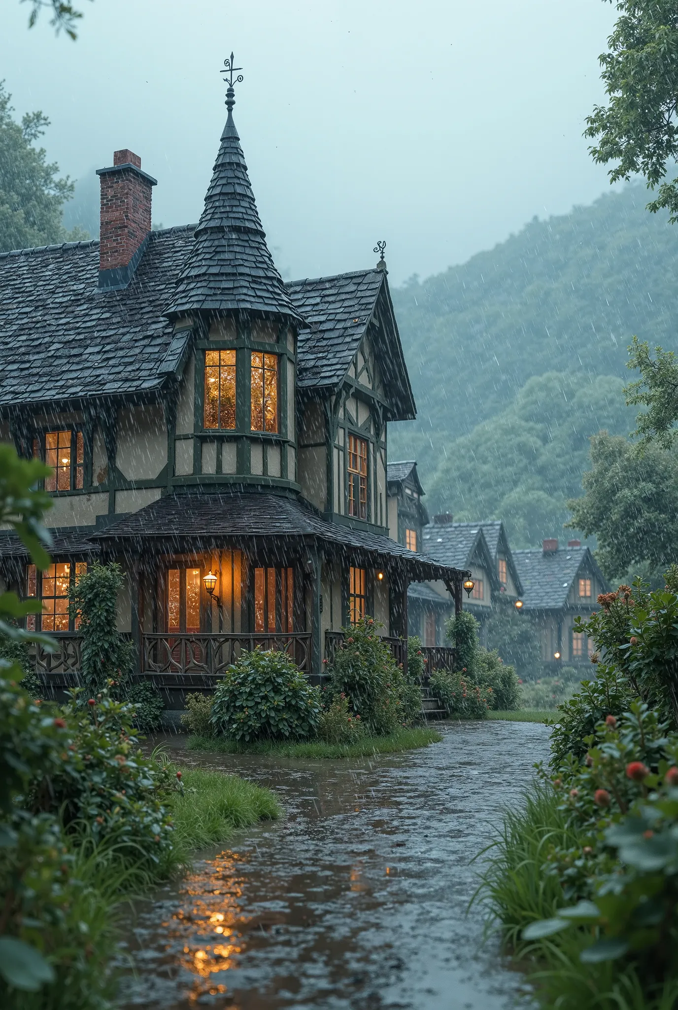 Small village,rainy day,beautiful house, no people
