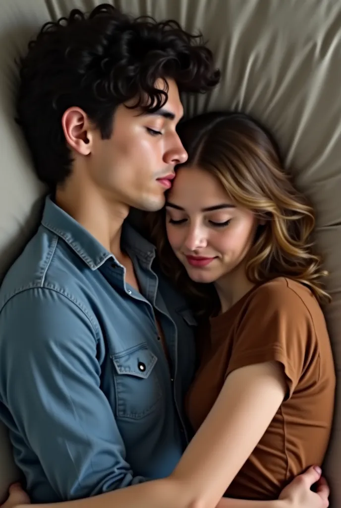 A young man with semi-long wavy black hair and a blue shirt with a woman with semi-short light brown hair wearing a brown t-shirt,  That she is curled up on her chest and both with their eyes closed"realistic image quality"