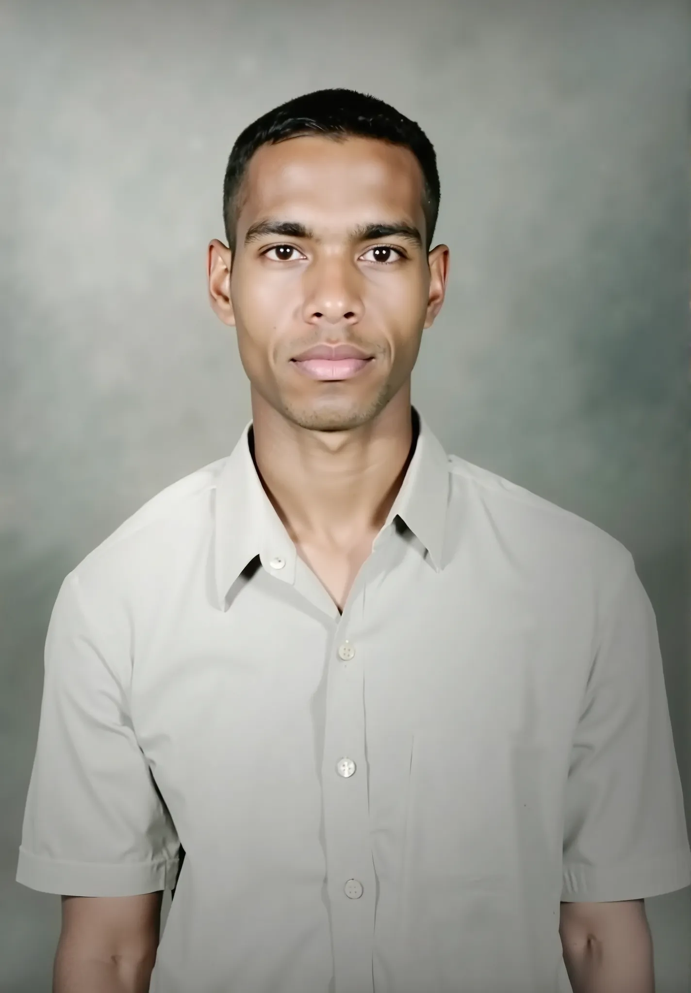 A highly detailed and realistic portrait of a young man with short black hair, smooth skin, and symmetrical facial features. He has a neutral expression, looking directly at the camera. He is wearing a light-colored short-sleeved button-up shirt with a sli...