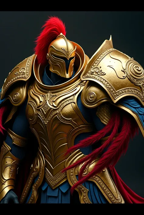 Futuristic baroque paladin in gorgeous gold armor with a red plume on his helmet,  adorned with  (blue and red), aesthetic with intricate hammered patterns and, majestic pose, semi-profile, cinematic light, detailed baroque, intricate armor detailing, 8k, ...