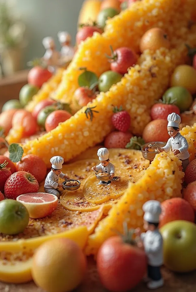 Giant fruit platter with miniature people working on it, wearing white chef hats and uniforms, captured in macro photography style and surreal tone.
