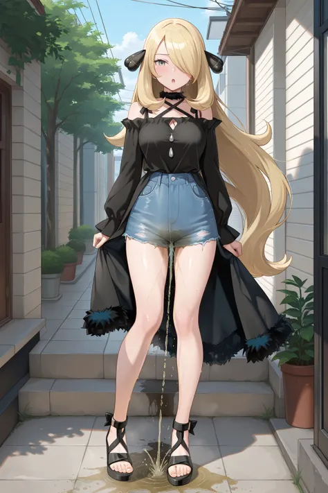 masterpiece, best quality, amazing quality, 1girl, youthful female, cynthia from pokemon, desperation, (large pee stain:1.0), blue denim shorts, casual summer outfit, medium breast, looking at viewer, :O, outdoor setting in february in scandinavia, full bo...