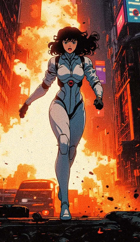 A full-body anime character in the style of Masamune Shirow's Ghost in the Shell, mid-action, sprinting across the rooftops of a futuristic cyberpunk city at night. She has a fit, athletic physique, with toned curves and an elegant yet powerful build. She ...