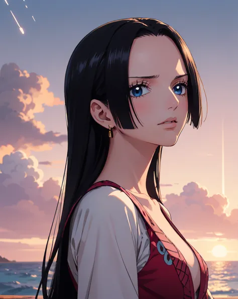 Boa Hancock (One Piece), Boa Hancock hair style, with long flowing black hair stands on the shore at sunset. She wears a shimmering, iridescent dress that reflects pastel hues of pink, purple, and blue, flowing gently in the ocean breeze. Her delicate feat...