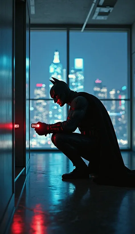 "Create a sleek, high-tech corporate building interior with a modern, minimalist design. The walls are made of glass and steel, and the floors are polished to a mirror-like finish. Batman, in his iconic suit, is crouched in a dimly lit hallway, carefully p...