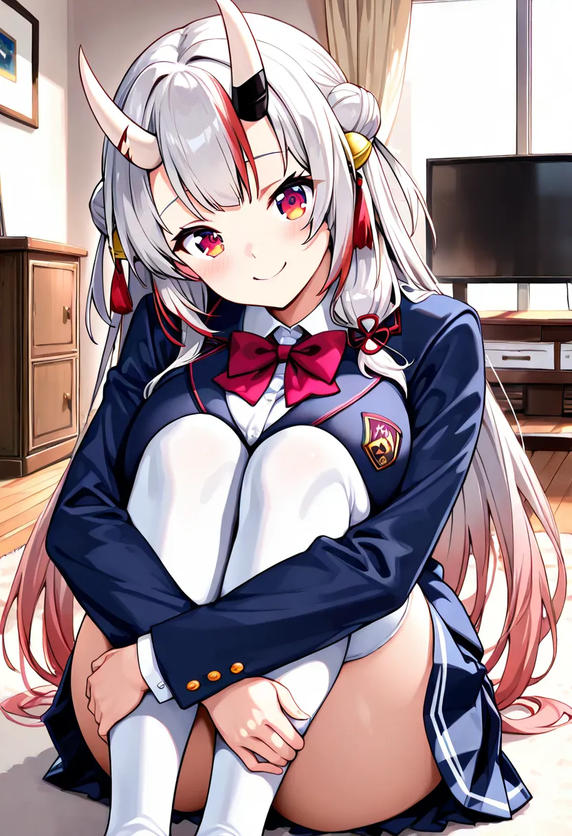 (Highest quality , 8k , masterpiece , incredibly absurdres , perfect body , super detailed skin , highly detailed eyes and face , 1 woman ) ,  nakiri ayame , Silver Hair , red eyes , demon horn , smile ,  will be happy , ( school uniform ,  blazer , white ...