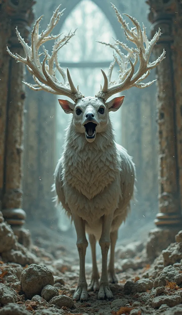 A creature of myth and terror rises from the ruins of Château de Versailles. A fusion of white stag and barn owl, its skeletal, feathered antlers shimmer with spectral energy, twisting and shifting like living shadows. Its beak-lined mouth opens impossibly...