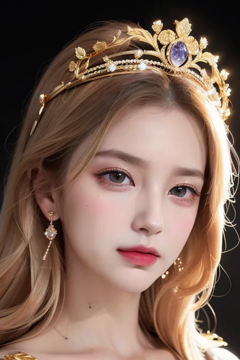 woman , long hair golden, normal, dark, she is solo, from alternative world ,best quality, realistic, she is beautiful queen, queen crown, smile , with body, gold suit