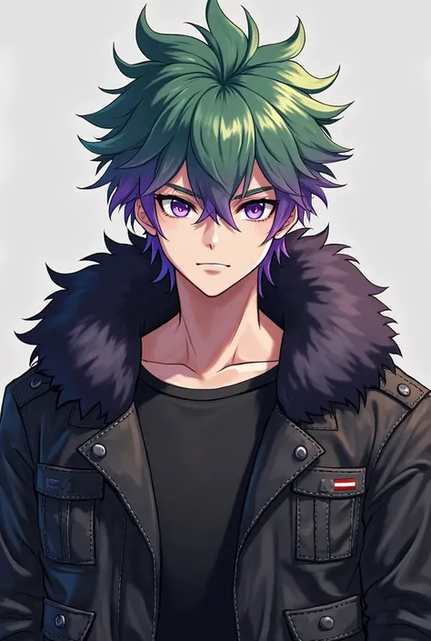  Anime boy,  Green hair with purple tips, short hair on the sides and longer on the top, violet eyes ,  muscular ,  black pants ,  black shirt,furry leather winter clothes