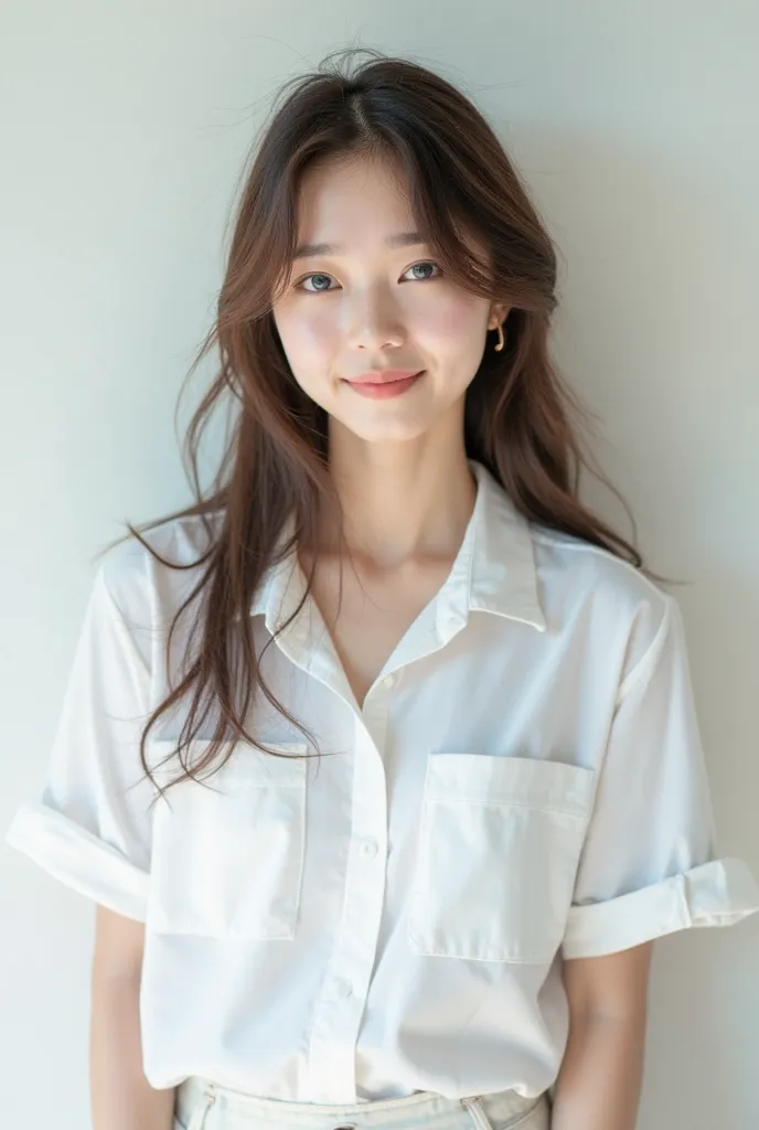  22-year-old Japanese woman、with long brown hair and unkempt hair、  blue eyes, wearing a white shirt and skirt,  Standing in front of a white wall in the room、 looking at a camera and smiling 