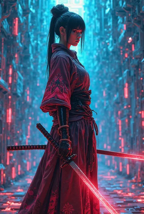 A beautiful cyberpunk female Japanese samurai facing the viewer and wearing neon kimono and armor wielding a single glittering katana in a defensive guard position while the background is aglow with intricate blue and red geometries showing tessellation of...