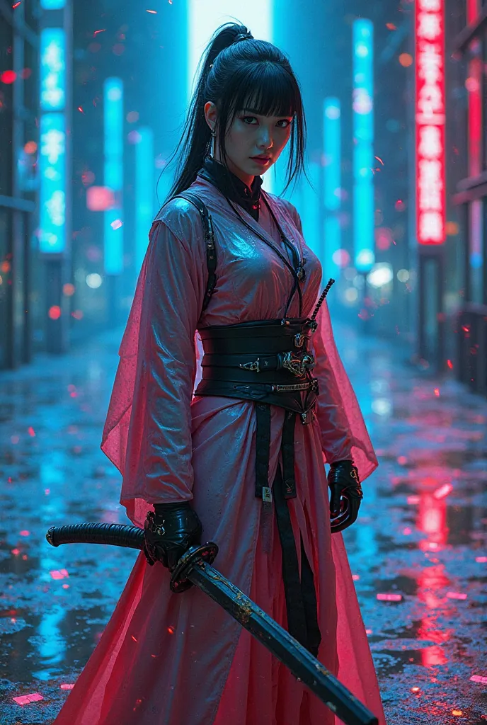 A beautiful cyberpunk female Japanese samurai facing the viewer and wearing neon kimono and armor wielding a single glittering katana in a defensive guard position while the background is aglow with intricate blue and red geometries showing tessellation of...