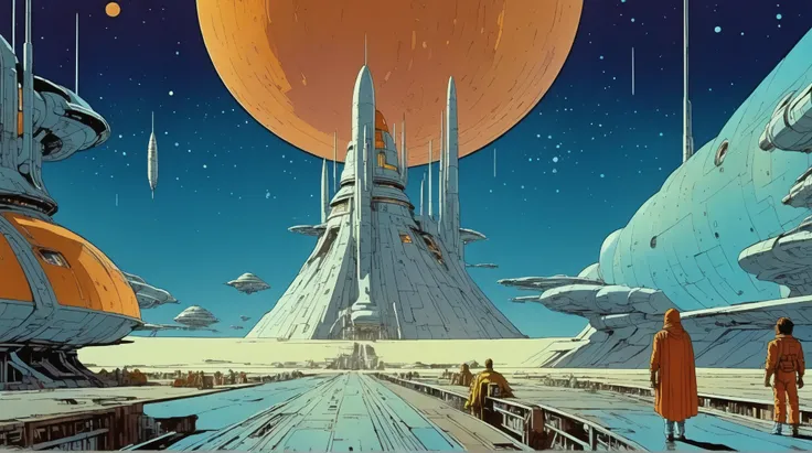 Moebius (Jean Giraud) Style - A picture by Jean Giraud Moebius, Spaceship taking off towards deep sky, Impressive retro-future Spaceship, galaxy, Distant nebulas in the background. In Moebius' signature style with sharp detailing and vibrant colors. Shot w...