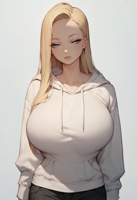 1girl, solo, young, seductive, perfect eyes, sexy body, long blonde Twintail hairstyle, massive breasts, white hoodie, black trunks, very detailed, HD, plain background