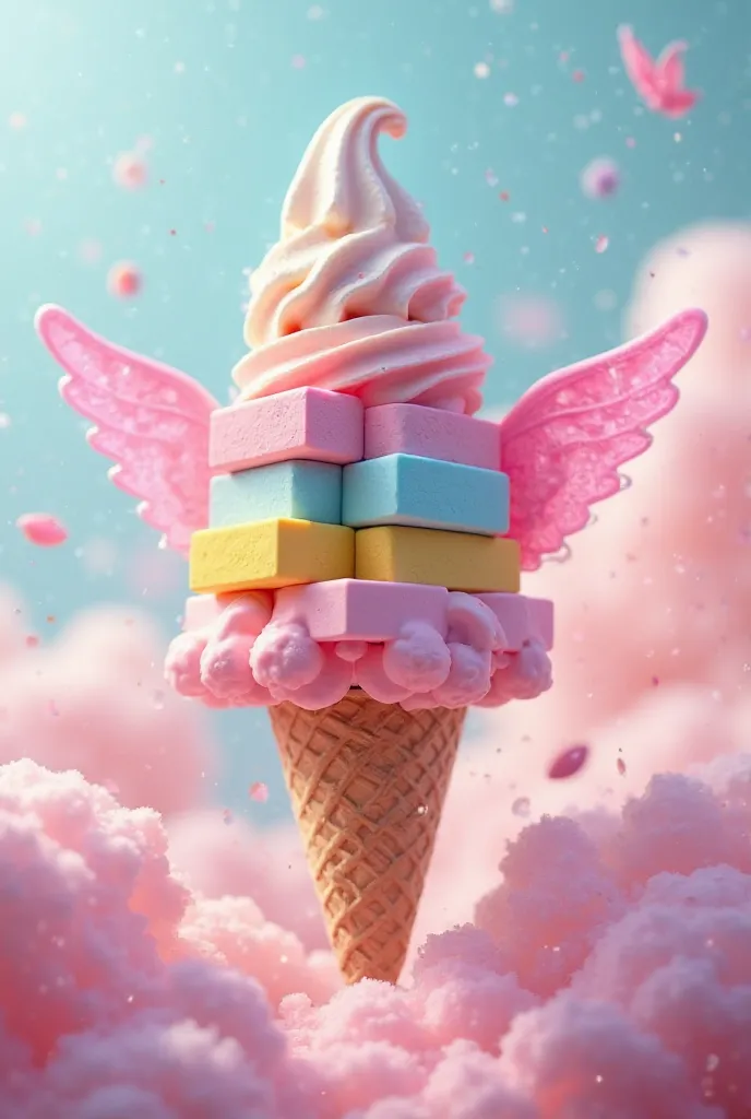 A colorful ice cream made of blocks like Legos with pink wings