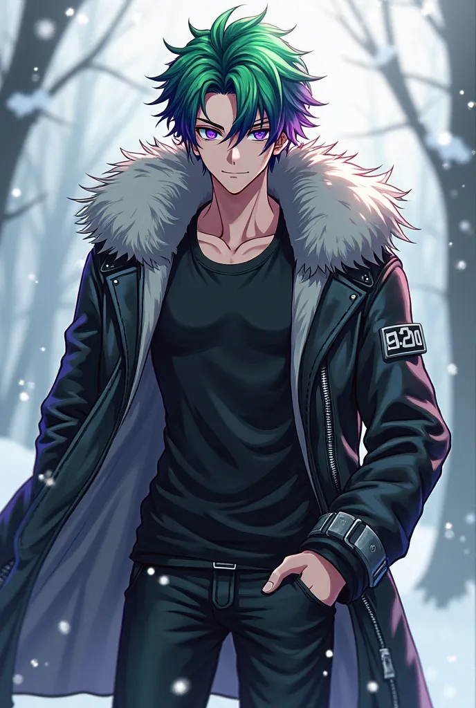  Anime boy,  Green hair with purple tips, short hair on the sides and longer on the top, violet eyes ,  muscular , long black pants ,  black shirt,furry leather winter clothes