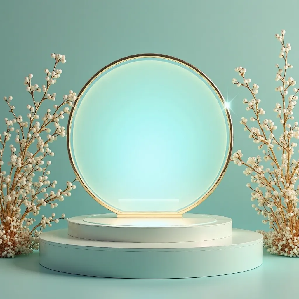 "Design a luxurious, modern product showcase with a pastel turquoise background. The scene should feature a sleek, multi-tiered podium with a golden circular frame, supporting a delicate translucent glass panel emitting a soft glow. Surround the stage with...