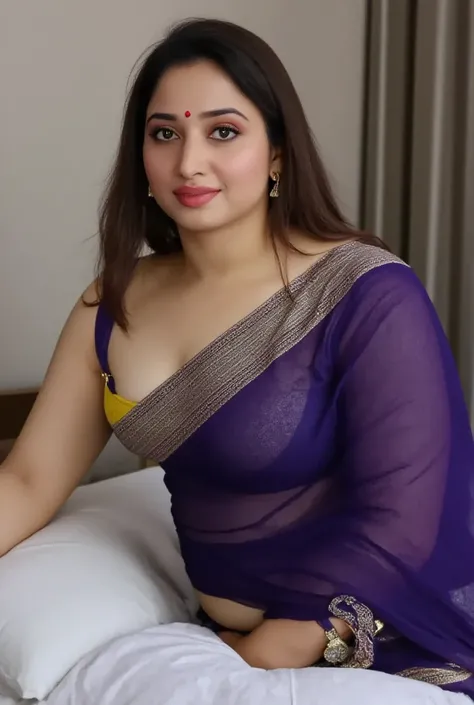 A plus-size Indian woman in a yellow colour blouse (Indian choli blouse) and a purple with grey border saree and half lying on a bed she has wide fleshy belly ,she lying on the bed in side position her saree dropped and blouse breasts and fleshy belly with...