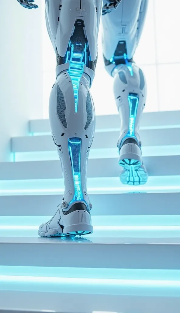 Close on the legs of a male humanoid digital avatar, made of translucent and metallic material in shades of bright blue. The joints have blue neon lights that run along the internal wires, Highlighting advanced technology. The legs are in motion, climbing ...