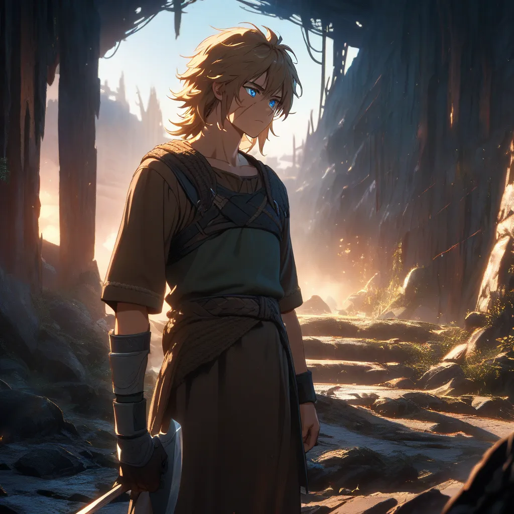 Boy, medium brown shaggy hair, blue eyes, scar over cheek, viking, slender and small, weak, without a left leg, left prothesis leg, young, in anime style