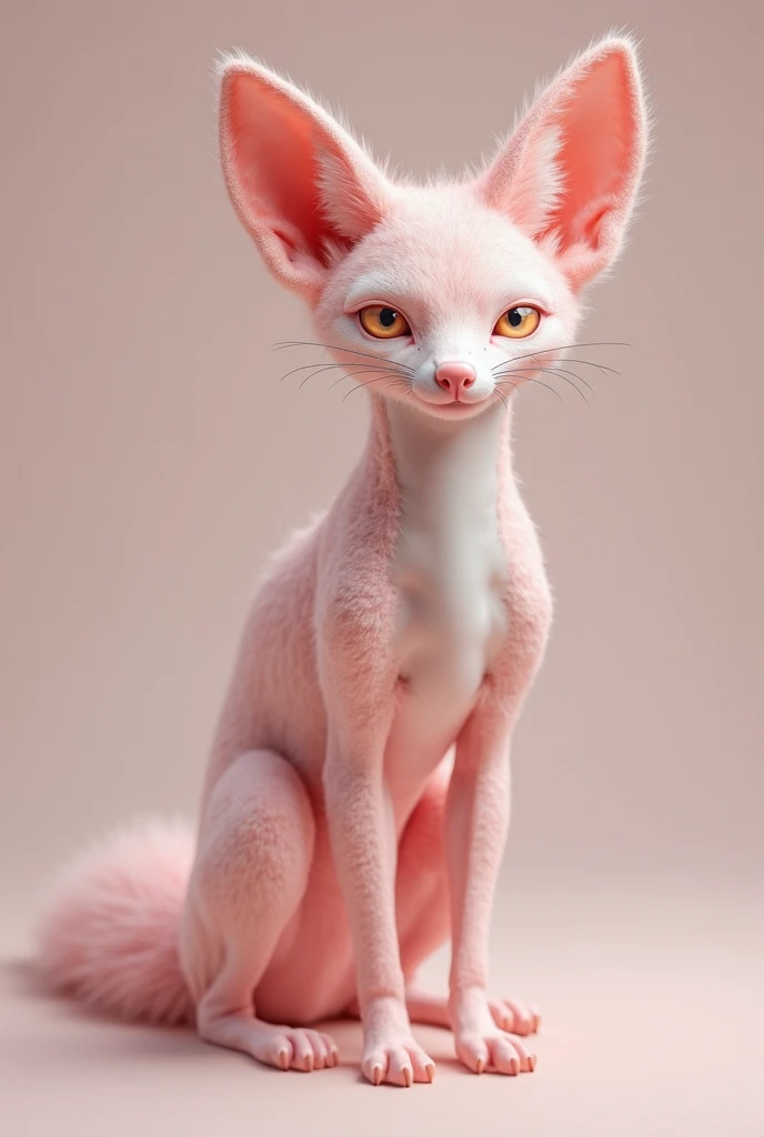 fox without hair completely bald skin soft pink body soft pink body glitters fleshy female stands on 4 legs 100 meters tall high resolution 