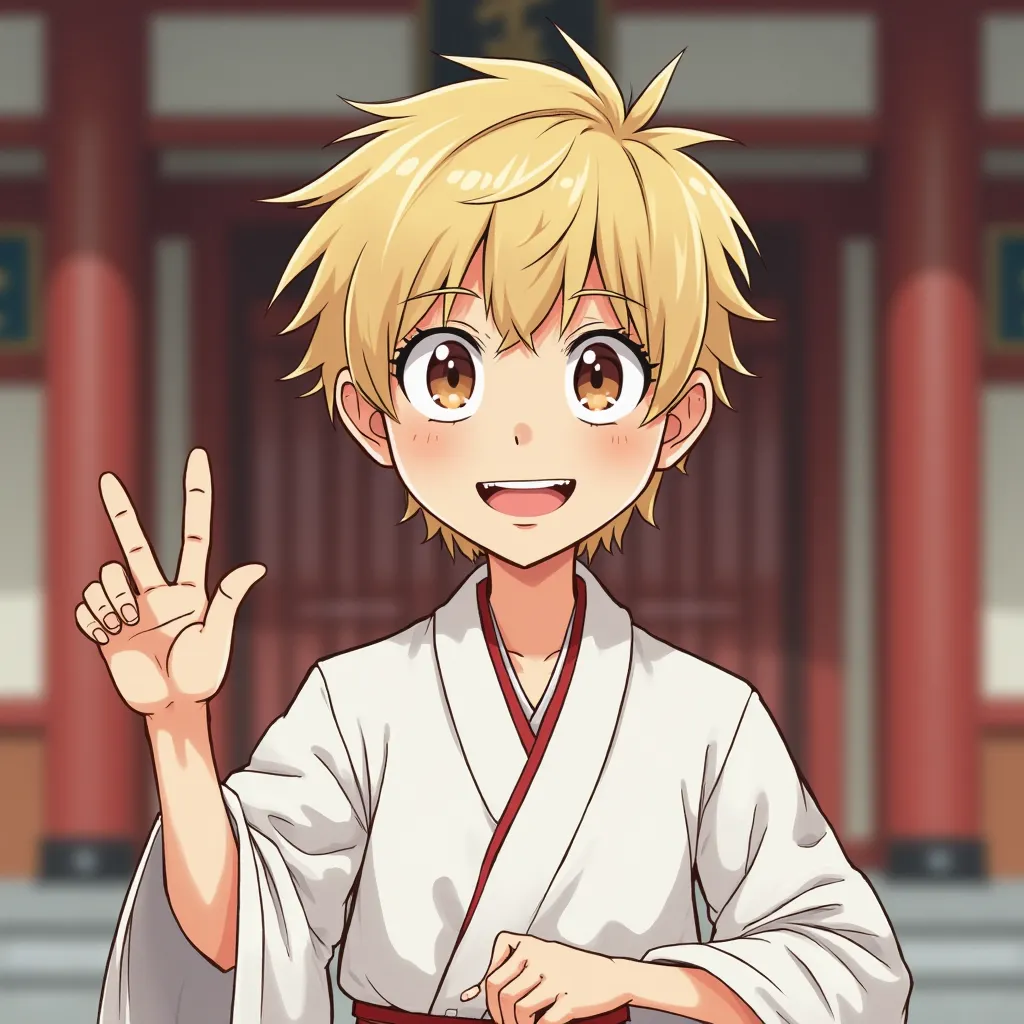  Blonde Japanese Man、Age 25、handsome、cute、medium short hair、 has bangs、 hide your forehead with bangs、Funny Face Cartoon Caricature 、Fortune teller wearing a white kimono、 is a shrine in the background、
solo, Hi-Res, masterpiece, is anatomically correct, H...