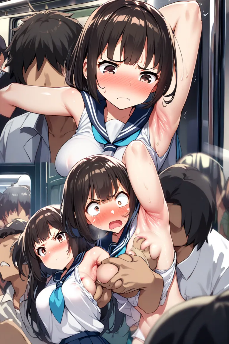 Nsfw,School uniform,loli,holding on to the railing of the train,armpits, (presenting armpit:1.3),(looking away:1.4), (train interior:1.3),(crowded train:1.3),
upper body
,alternate breast size, breast grab, (a boy,grabbing from behind:1.5),sex,back,Vaginal...