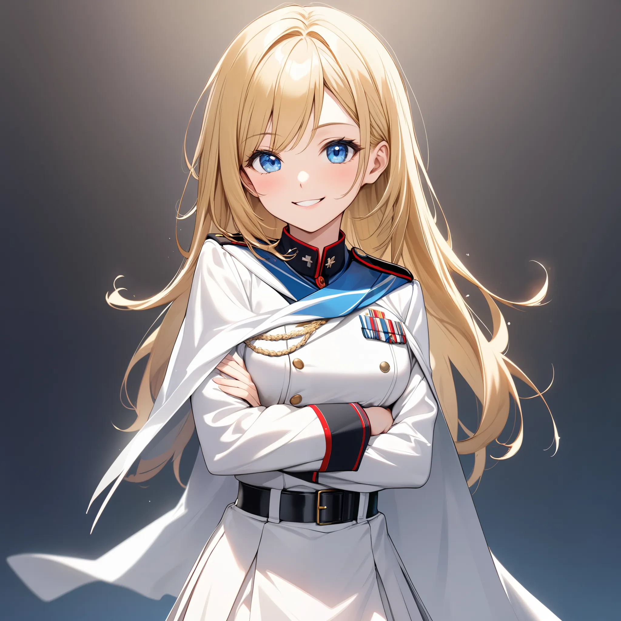 High resolution, high quality, HD, beautiful female, 1 female, beautiful, ager, cheerful, smiling, medium breasts, long straight hair, blonde hair, blue eyes, white military uniform, white skirt, shor skirt, white cape, black boots, cross arms