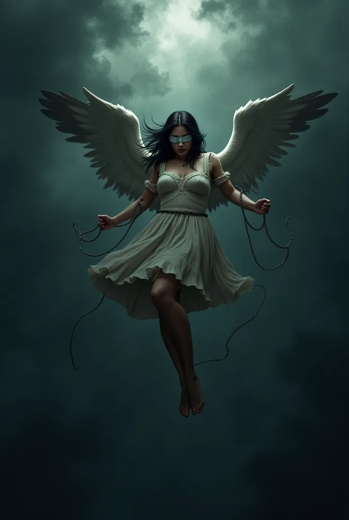 Fallen angel is a girl whose heart is locked, wings are broken and hair is black, 18th century, dark atmosphere in the sky, she falls blindfolded and there are chains on her body