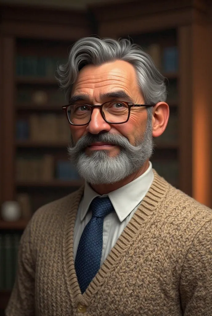 Make someone who has a beard and mustaches and wears a sweater and a blue tie
