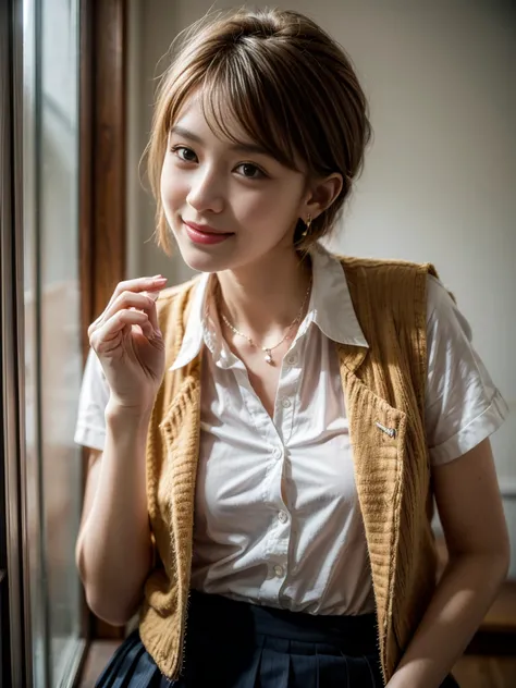 Top quality, ultra high resolution, realistic, Beautiful Woman, Beautiful detail eyes and skin, smile, Light brown short-cut hair. She is wearing (small earring, tiny necklace, school uniform:1.3, collared white shirt, red vest, royal blue frilled skirt), ...