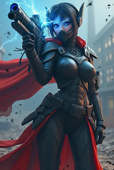 Futuristic female warrior in dark metal armor with grunge/gothic design, helmet or mask with glowing blue eyes, holding a large gun, from which bright blue energy emanates (electrical discharges, plasma fire),  dynamic combat posture, a fluttering red cape...