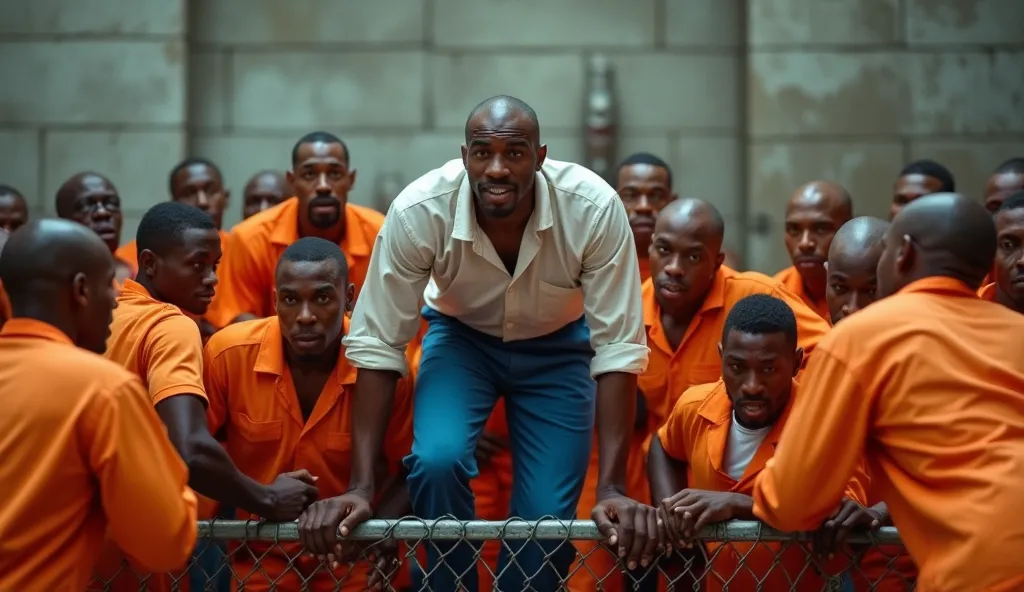 Image is a dynamic action photograph depicting a group of individuals, predominantly men, in orange uniforms climbing over a metal fence. The scene is intense, with a sense of urgency and movement as they scale the prison barrier. The individuals have vari...