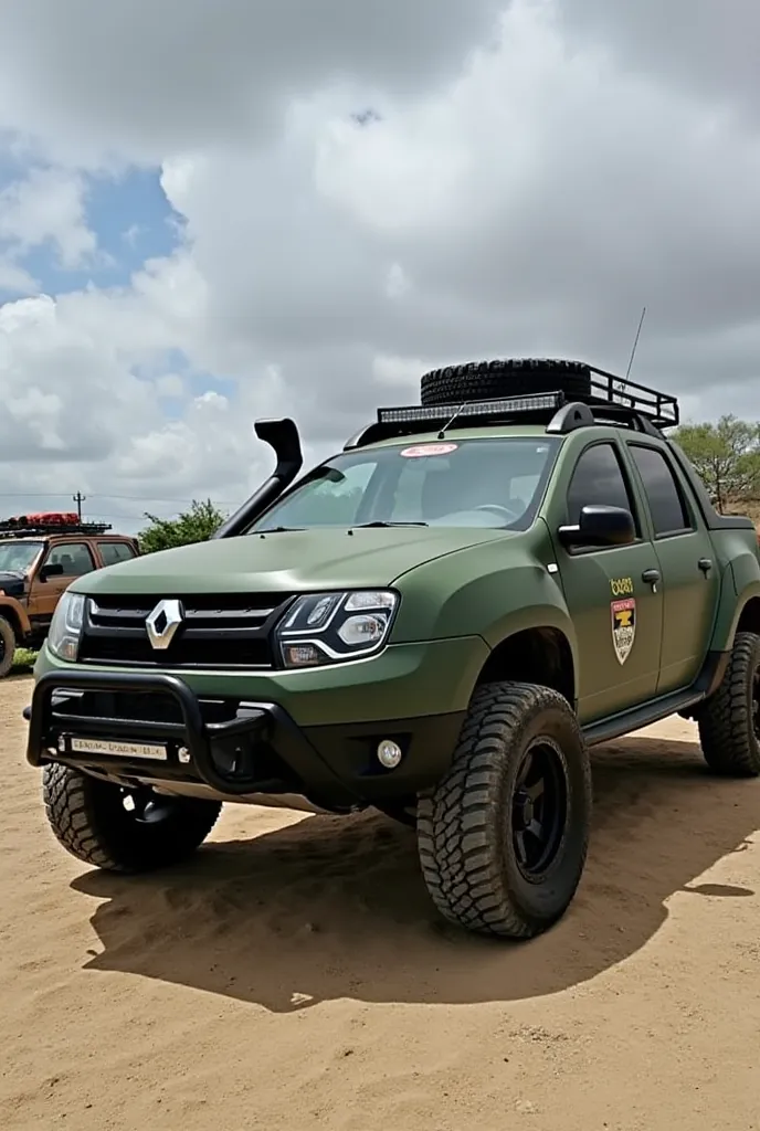 Duster 4x4 manual color matte military green 
snorkel 
Carter protector 
BF tire in original vehicle dimensions 
Step support on the back
Lift suspension 
Sticker on the sides written Família Pontes
LED light bar on the ceiling
Steel front bumper 