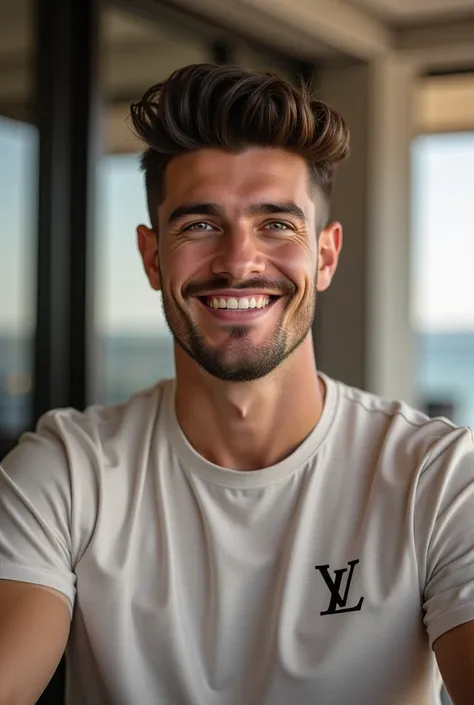 Create an image of Sérgio Ramos Vanilla skin tone 27 years old,Wavy Under Cut Haircut, average.
With gradient , scraped from the sides ,bold hairstyle , well-defined short beard ,defined athlete physique, striking chin ,light green eyes,roasted fine. 
He's...