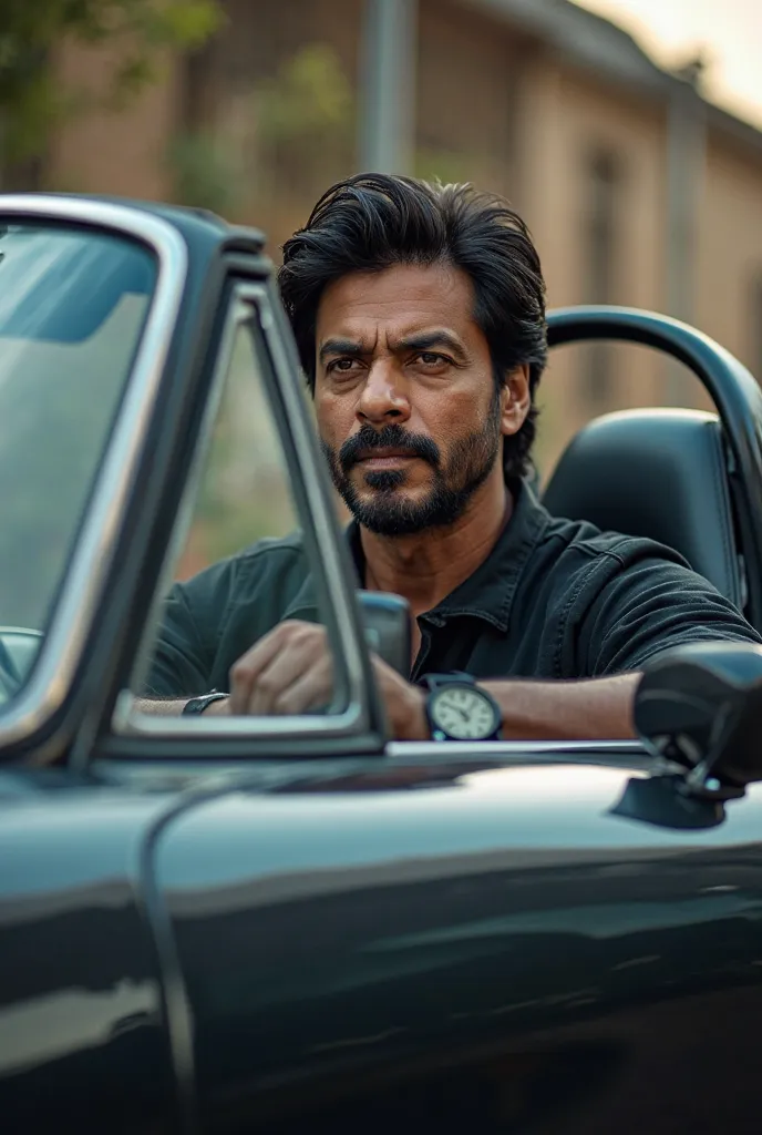 Sahruk khan the Indian actor driving 911 porchi  wearing black colour shirt 
