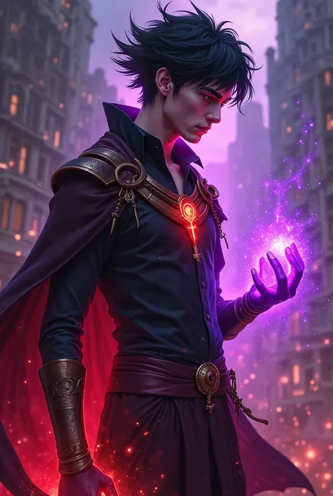 A young man. exotic, Eccentric. dramatic, powerful, Son of Eris, goddess of discord and chaos. Purple and red auras appear through her hands. Her clothes are elegant and agile. he is using his powers to attack. chaotic. her hair is black, her eyes shine in...